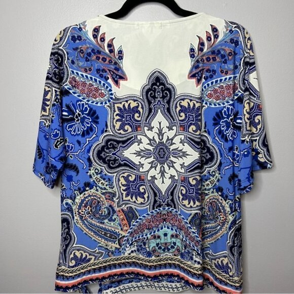 Roz & Ali Short Sleeve Blue Coral White Multi Stretch Blouse Large - Picture 11 of 11